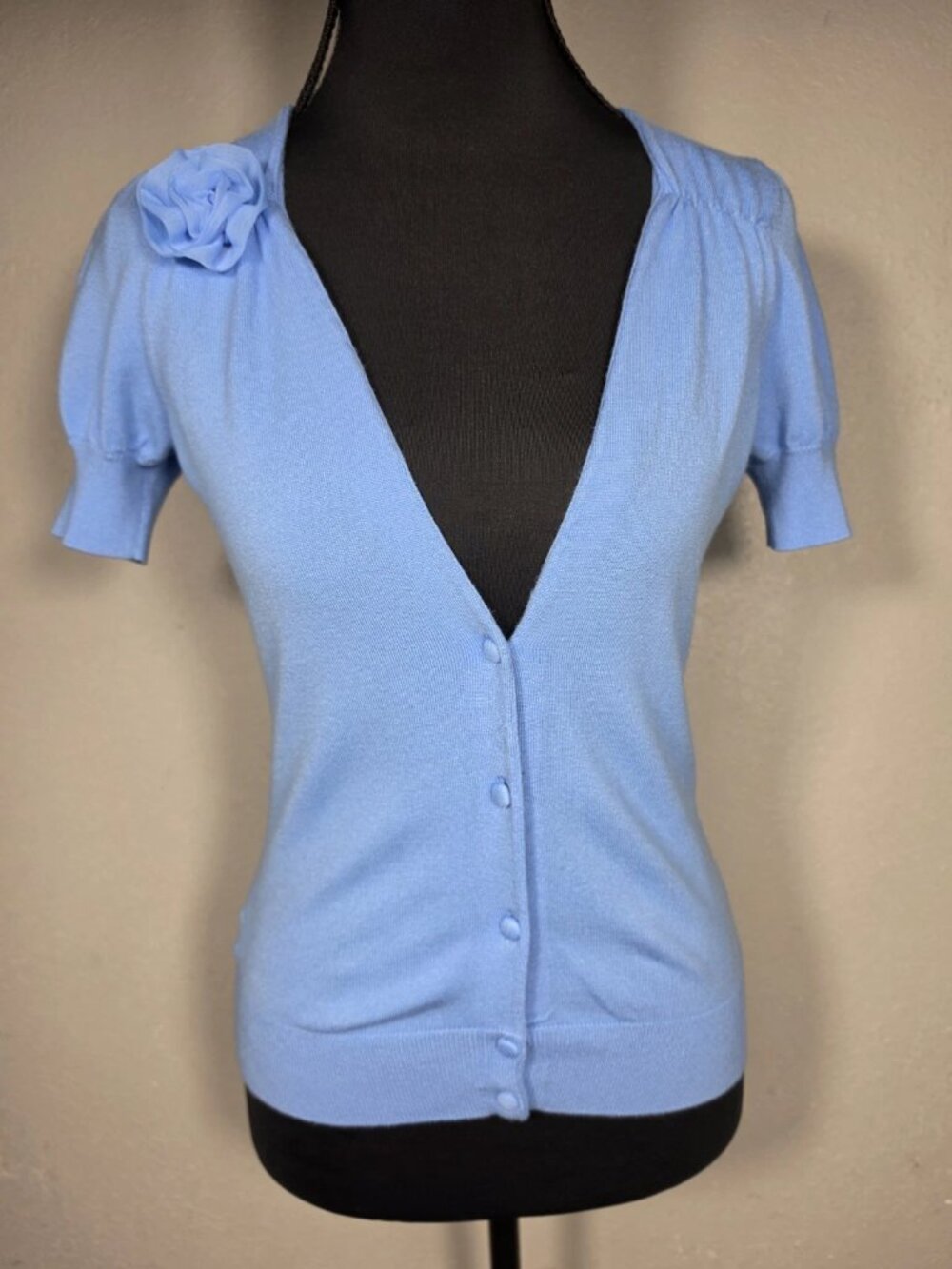 Y2K Ann Taylor Petites Womens XXSP Short Sleeve Blue Cardigan Corpcore EUC